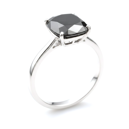 2 Carat Cushion Black Diamond Solitaire Ring Natural 14K White Gold