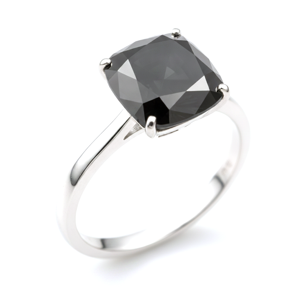2 Carat Cushion Black Diamond Solitaire Ring Natural 14K White Gold