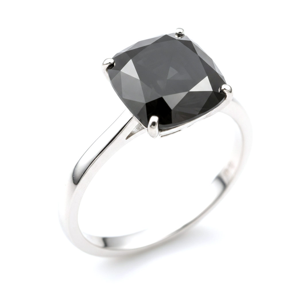 2 Carat Cushion Black Diamond Solitaire Ring Natural 14K White Gold