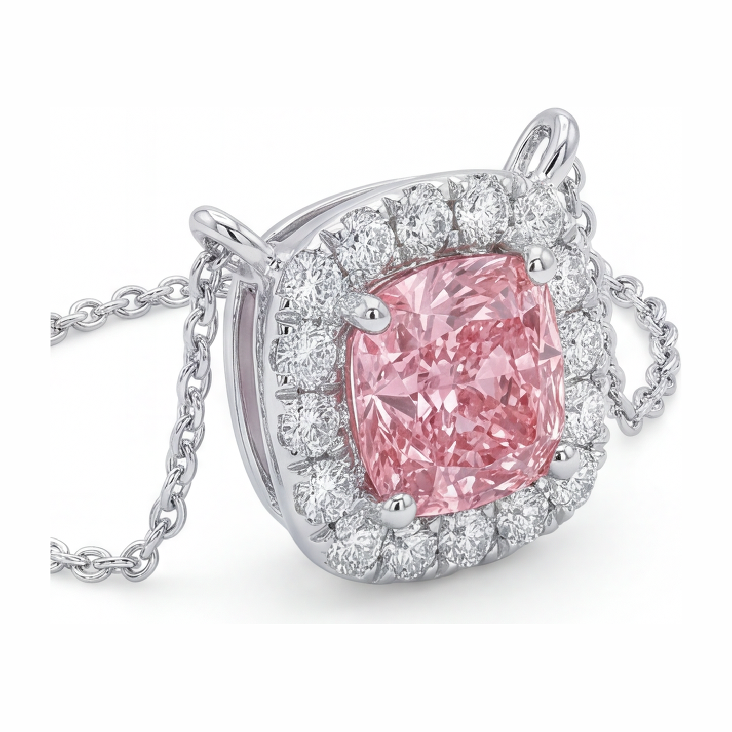 3.75 Carat Cushion Pink Lab Grown Diamond and White Diamond Halo Pendant 14K White Gold