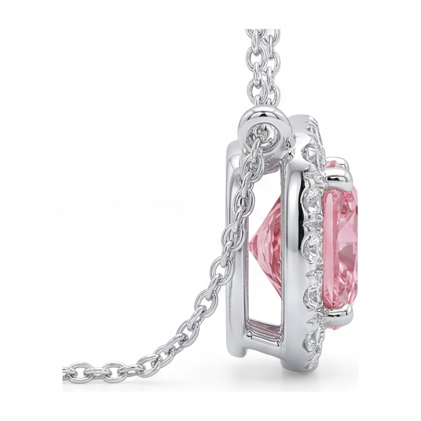 3.75 Carat Cushion Pink Lab Grown Diamond and White Diamond Halo Pendant 14K White Gold