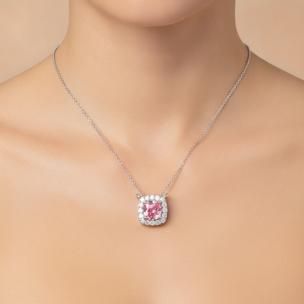 3.75 Carat Cushion Pink Lab Grown Diamond and White Diamond Halo Pendant 14K White Gold worn