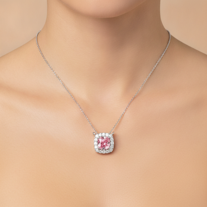 3.75 Carat Cushion Pink Lab Grown Diamond and White Diamond Halo Pendant 14K White Gold worn