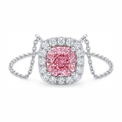 3.75 Carat Cushion Pink Lab Grown Diamond and White Diamond Halo Pendant 14K White Gold