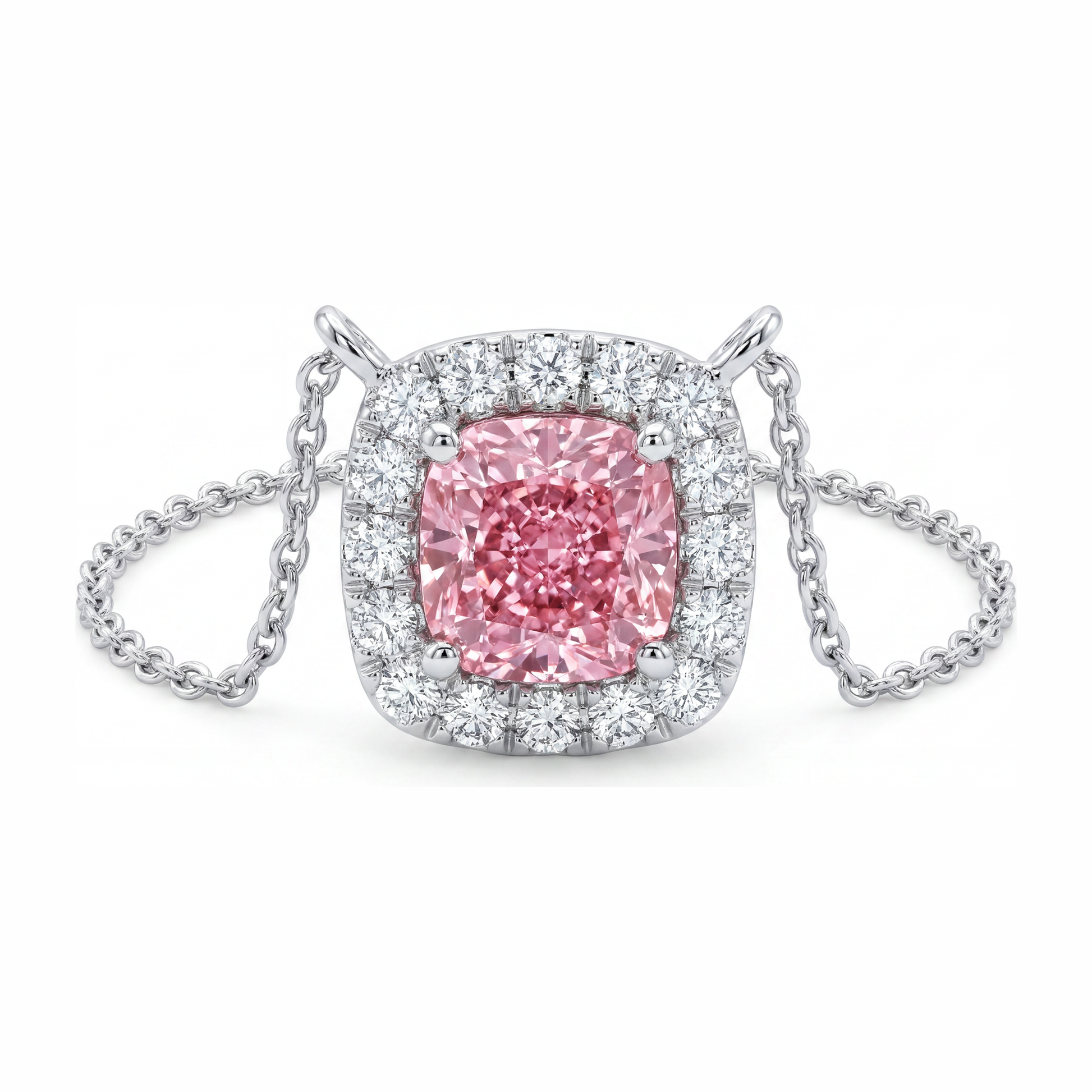 3.75 Carat Cushion Pink Lab Grown Diamond and White Diamond Halo Pendant 14K White Gold