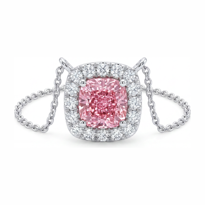 3.75 Carat Cushion Pink Lab Grown Diamond and White Diamond Halo Pendant 14K White Gold