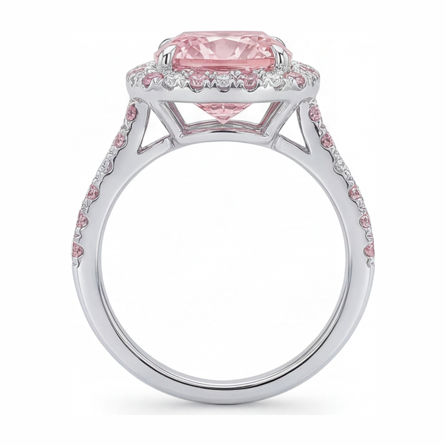 3.75 Carat Cushion Pink Lab Grown Diamond and White Diamond Halo Ring 14K White Gold