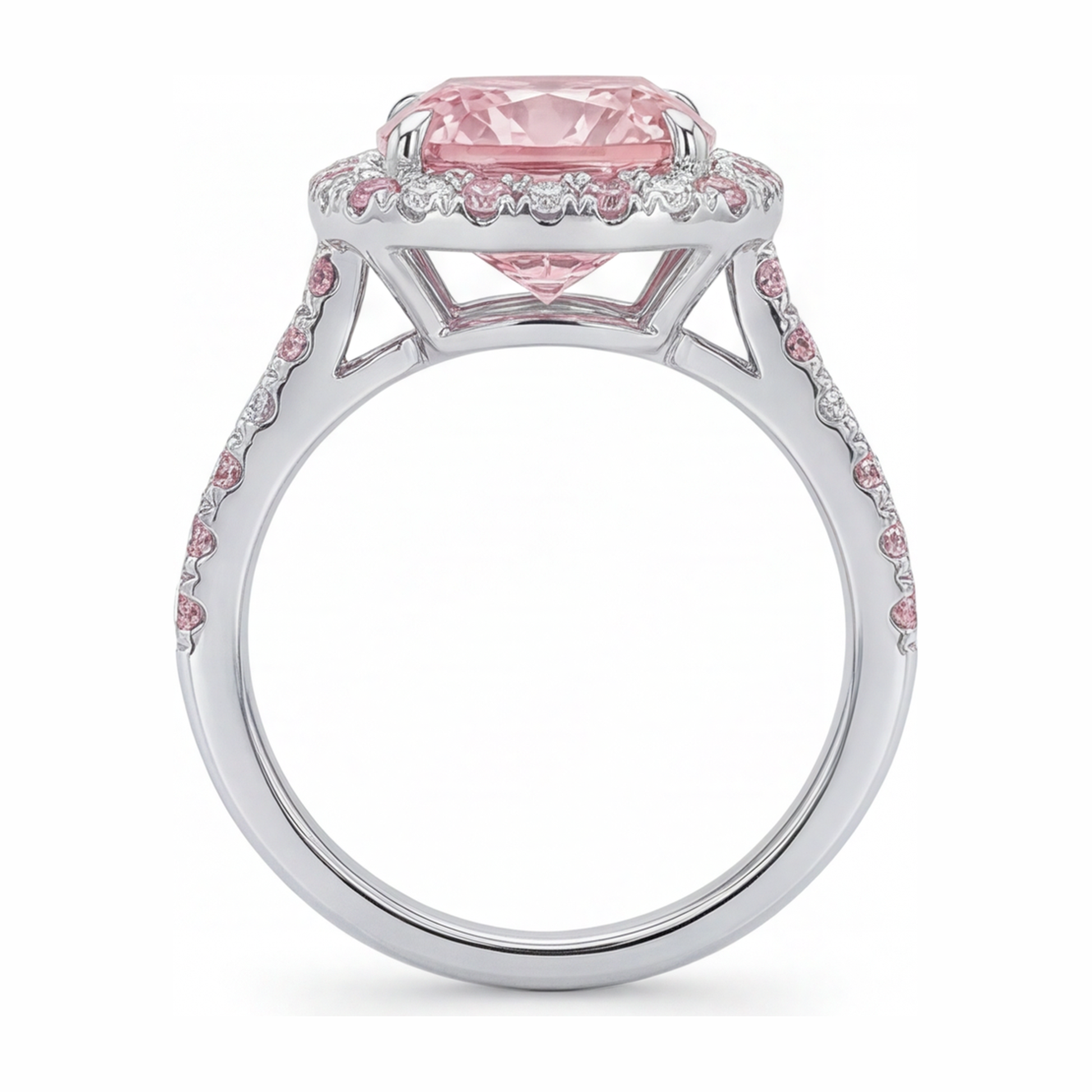 3.75 Carat Cushion Pink Lab Grown Diamond and White Diamond Halo Ring 14K White Gold