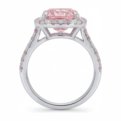 3.75 Carat Cushion Pink Lab Grown Diamond and White Diamond Halo Ring 14K White Gold