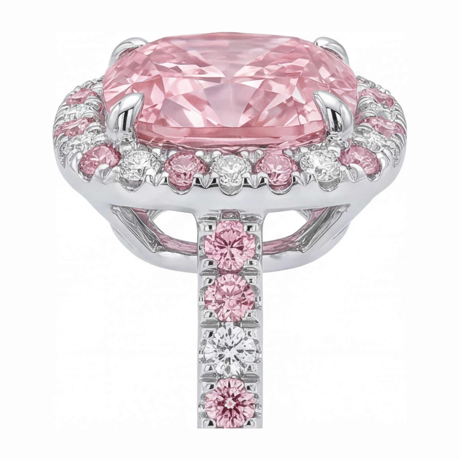 3.75 Carat Cushion Pink Lab Grown Diamond and White Diamond Halo Ring 14K White Gold