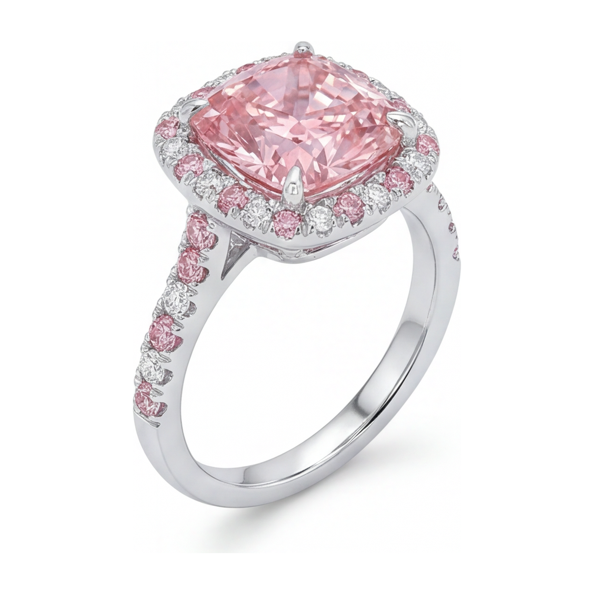 3.75 Carat Cushion Pink Lab Grown Diamond and White Diamond Halo Ring 14K White Gold