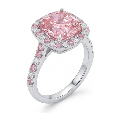 3.75 Carat Cushion Pink Lab Grown Diamond and White Diamond Halo Ring 14K White Gold