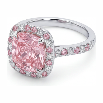 3.75 Carat Cushion Pink Lab Grown Diamond and White Diamond Halo Ring 14K White Gold