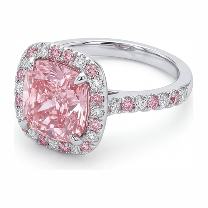 3.75 Carat Cushion Pink Lab Grown Diamond and White Diamond Halo Ring 14K White Gold
