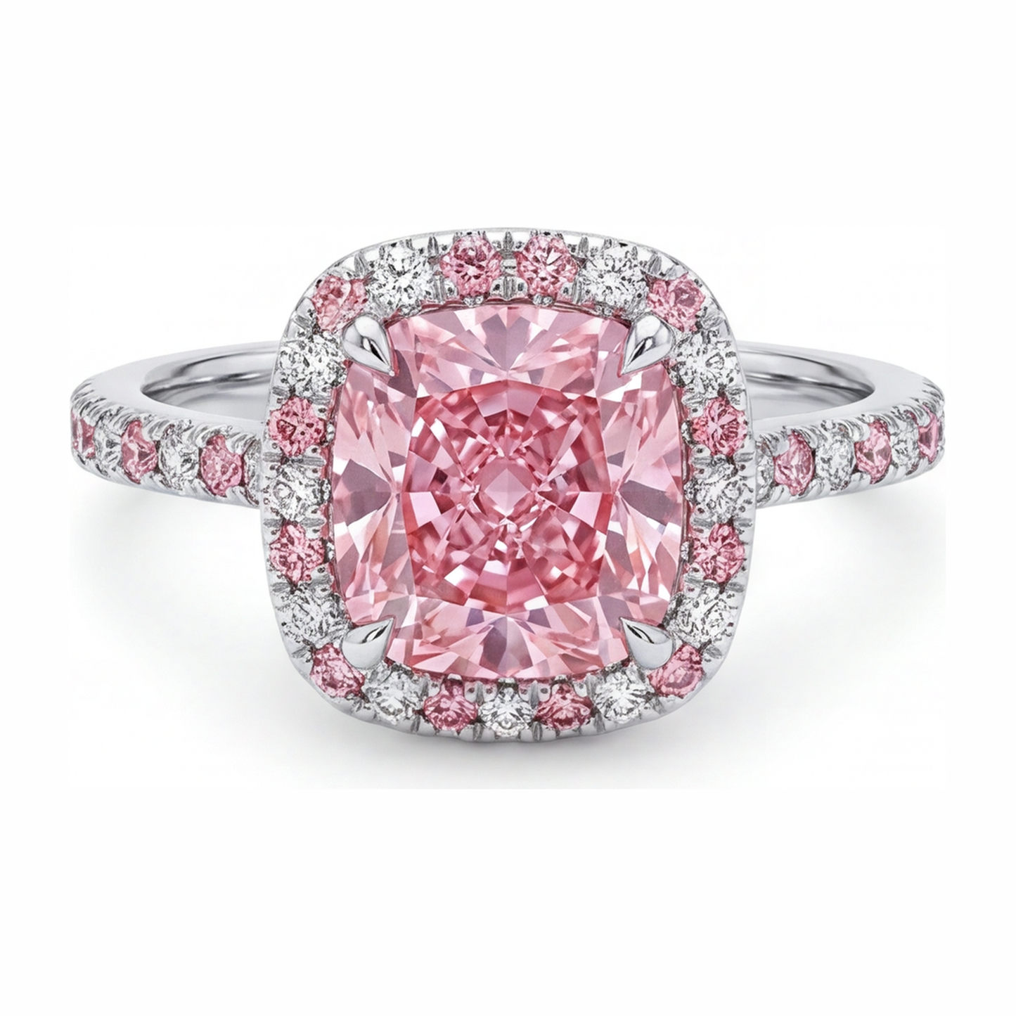 3.75 Carat Cushion Pink Lab Grown Diamond and White Diamond Halo Ring 14K White Gold