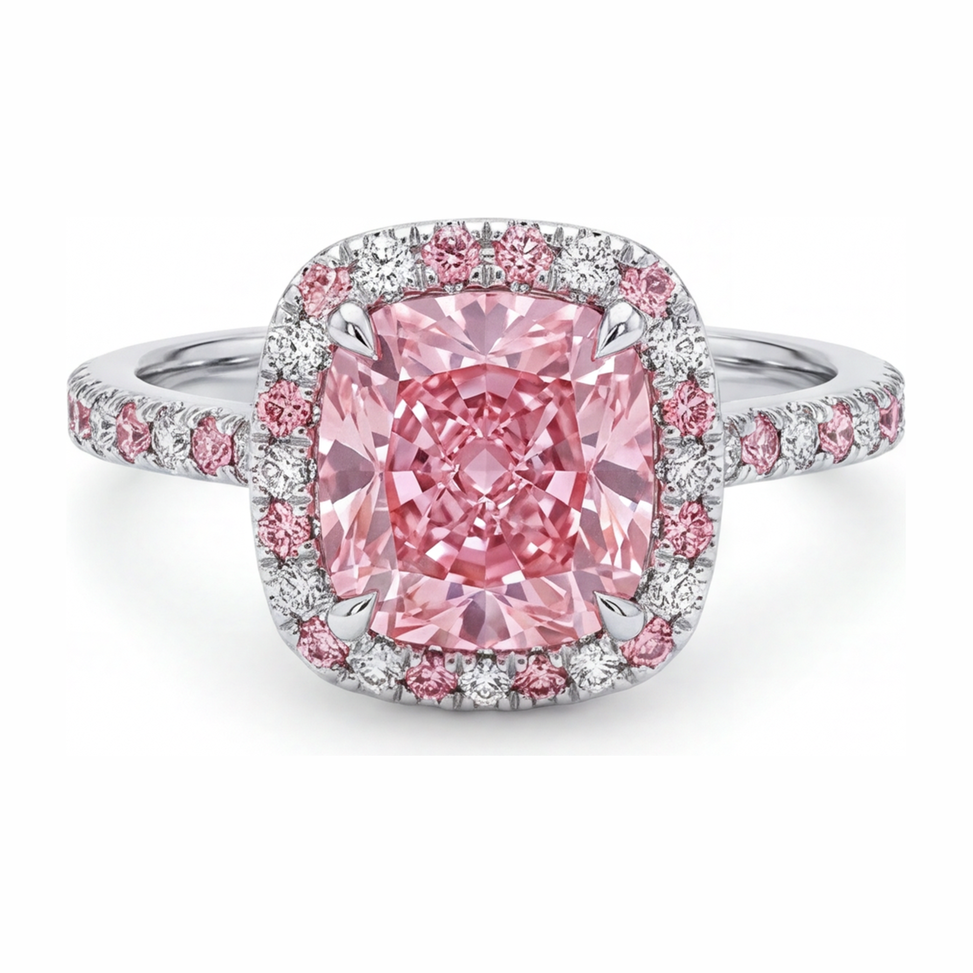3.75 Carat Cushion Pink Lab Grown Diamond and White Diamond Halo Ring 14K White Gold