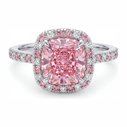 3.75 Carat Cushion Pink Lab Grown Diamond and White Diamond Halo Ring 14K White Gold