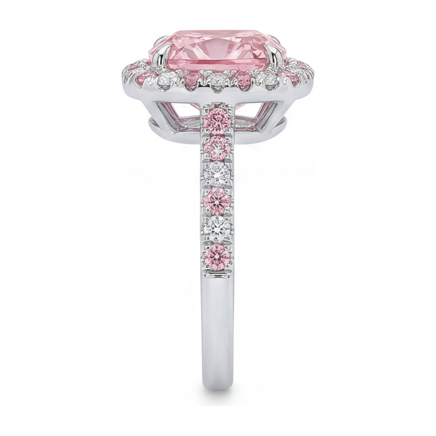 3.75 Carat Cushion Pink Lab Grown Diamond and White Diamond Halo Ring 14K White Gold