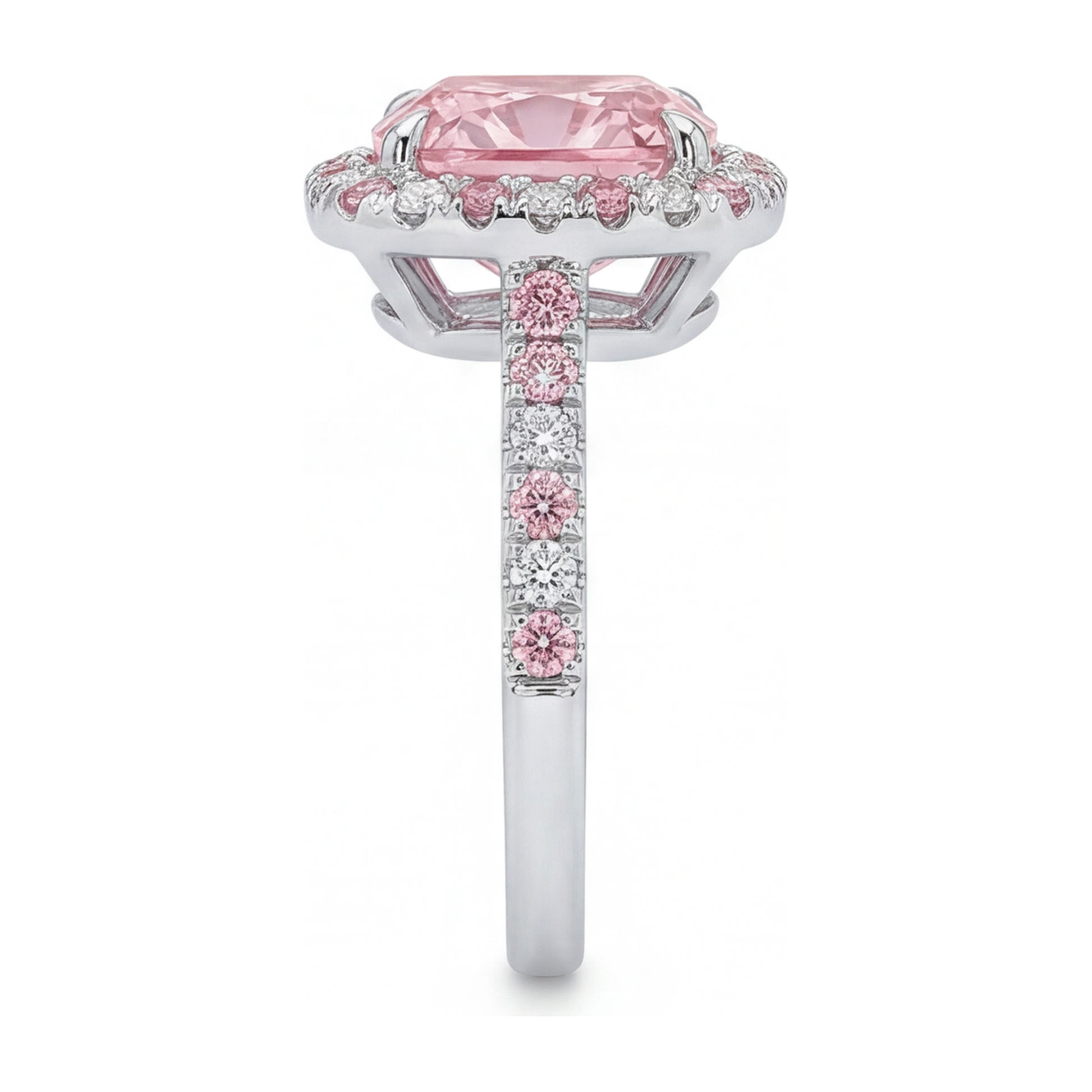 3.75 Carat Cushion Pink Lab Grown Diamond and White Diamond Halo Ring 14K White Gold