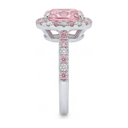 3.75 Carat Cushion Pink Lab Grown Diamond and White Diamond Halo Ring 14K White Gold