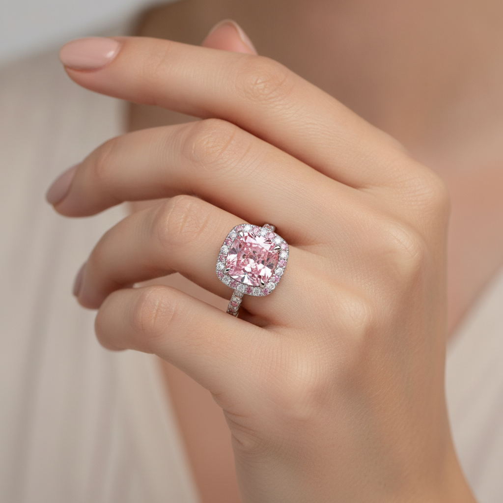 3.75 Carat Cushion Pink Lab Grown Diamond and White Diamond Halo Ring 14K White Gold worn