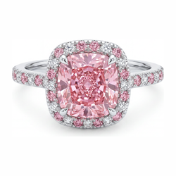 3.75 Carat Cushion Pink Lab Grown Diamond and White Diamond Halo Ring 14K White Gold