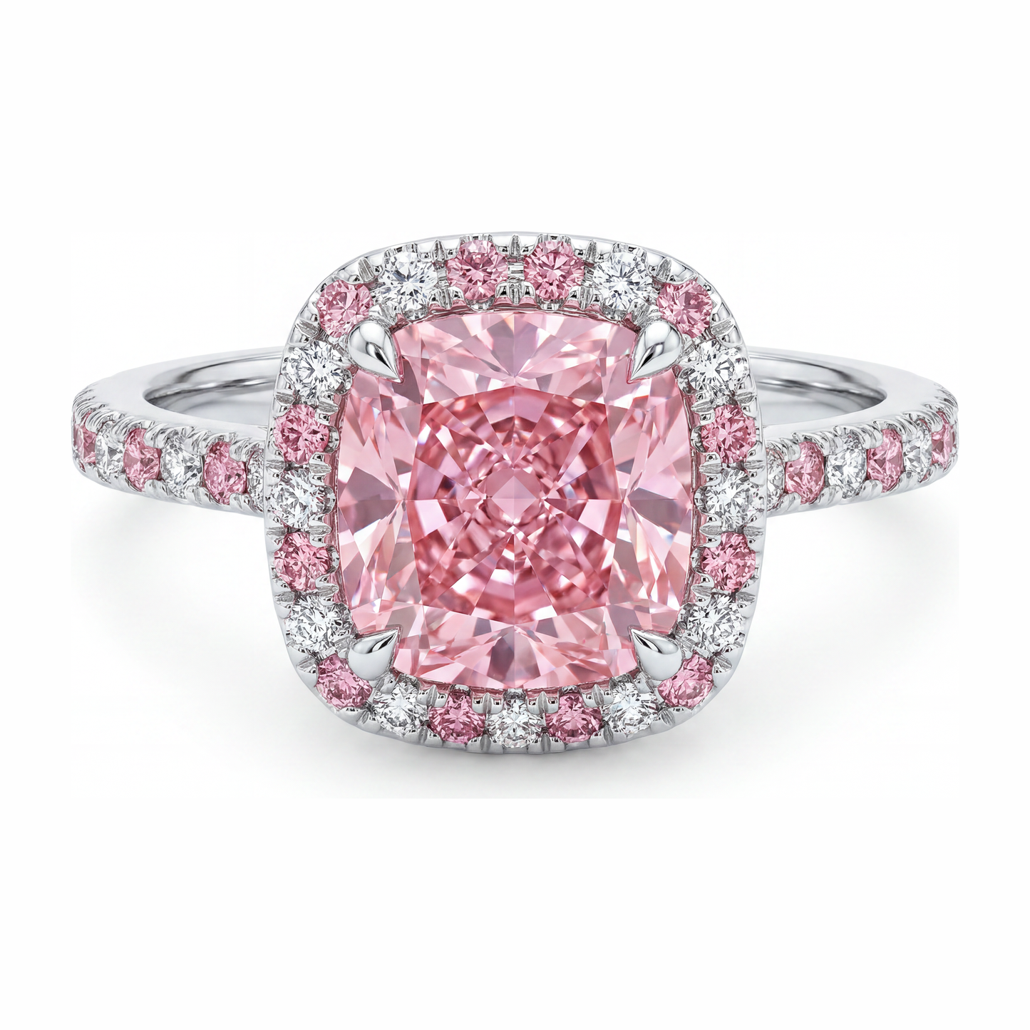 3.75 Carat Cushion Pink Lab Grown Diamond and White Diamond Halo Ring 14K White Gold