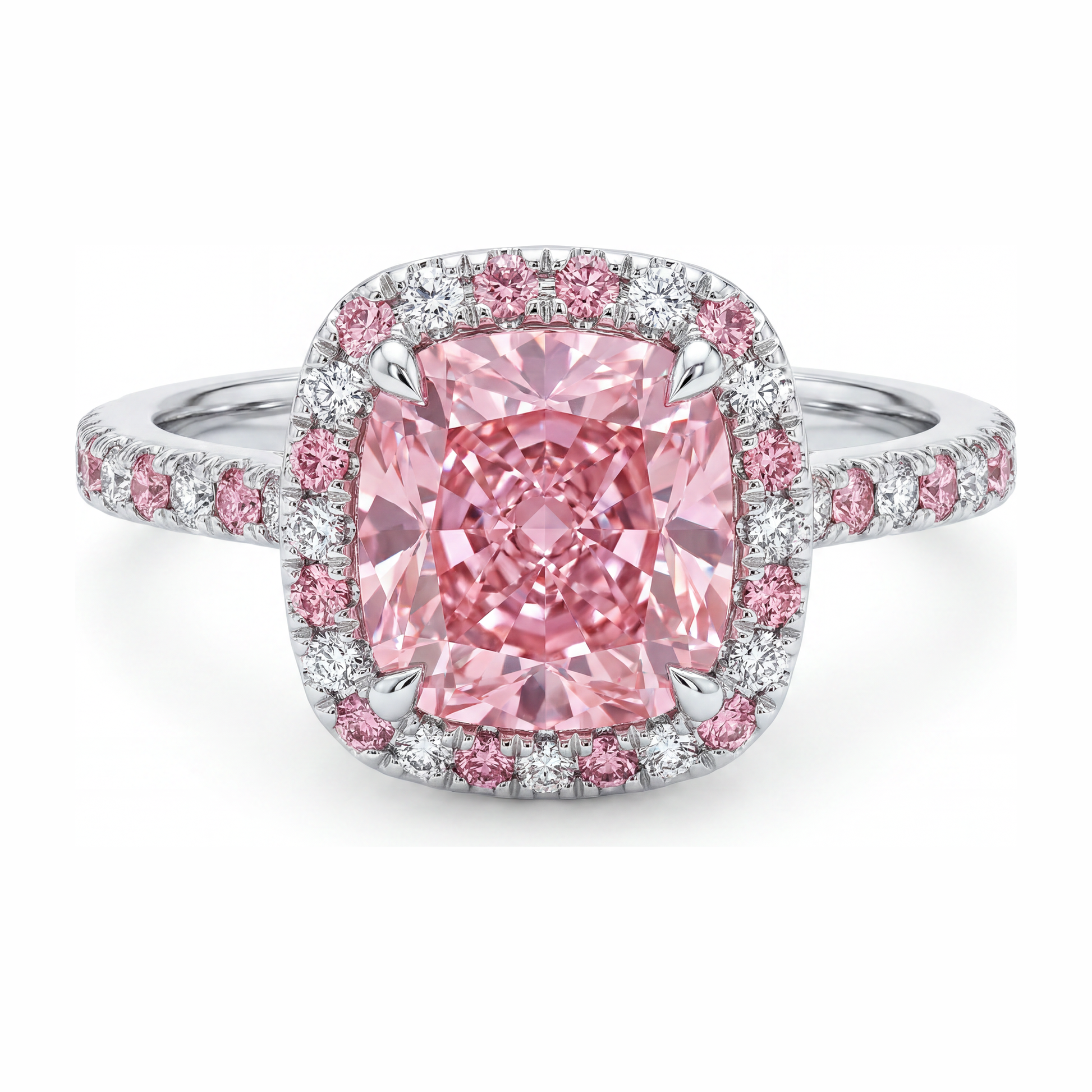 3.75 Carat Cushion Pink Lab Grown Diamond and White Diamond Halo Ring 14K White Gold