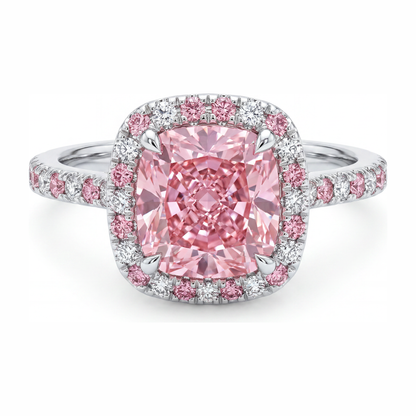 3.75 Carat Cushion Pink Lab Grown Diamond and White Diamond Halo Ring 14K White Gold