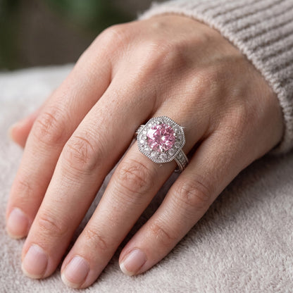 3.91 Carats Anniversary Pink Sapphire Halo Natural Earth Mined Diamond Gemstone Ring