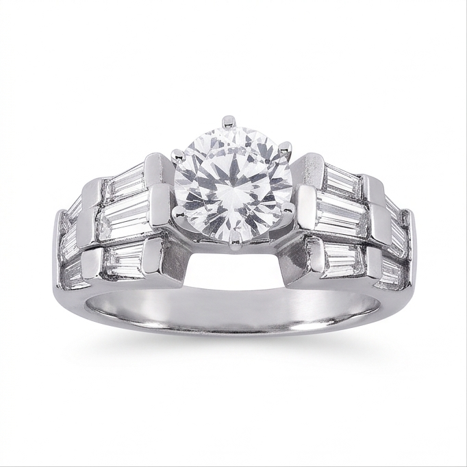3 Carat Round and Baguettes Natural Earth Mined Diamond Anniversary Ring White Gold 14K