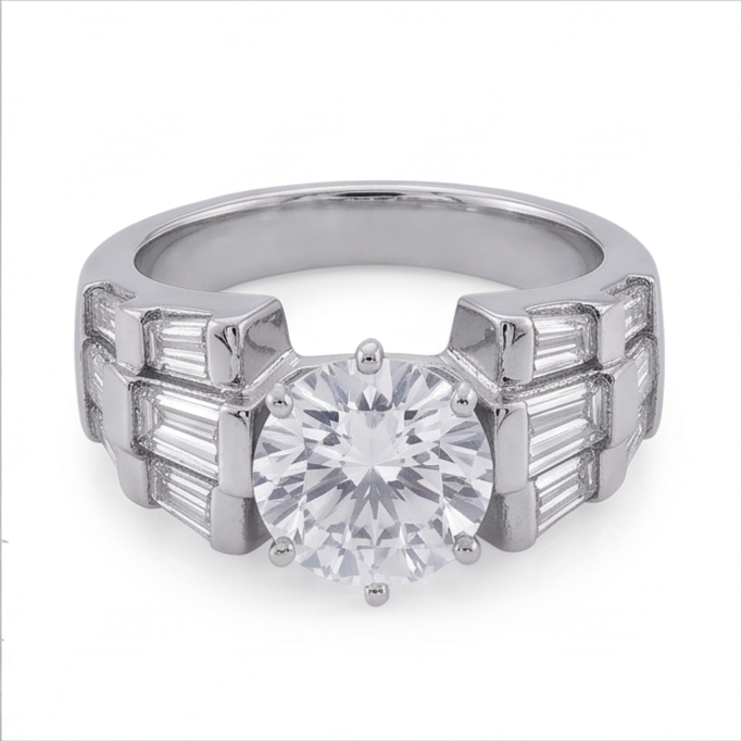 3 Carat Round and Baguettes Natural Earth Mined Diamond Anniversary Ring White Gold 14K