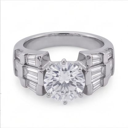 3 Carat Round and Baguettes Natural Earth Mined Diamond Anniversary Ring White Gold 14K
