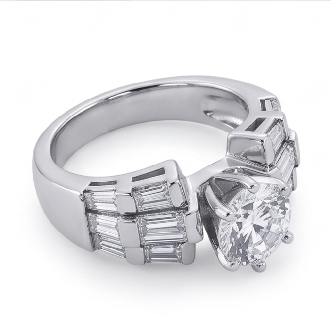3 Carat Round and Baguettes Natural Earth Mined Diamond Anniversary Ring White Gold 14K