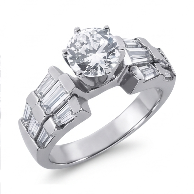 3 Carat Round and Baguettes Natural Earth Mined Diamond Anniversary Ring White Gold 14K