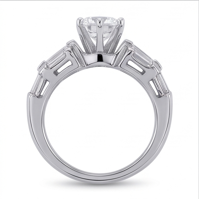 3 Carat Round and Baguettes Natural Earth Mined Diamond Anniversary Ring White Gold 14K