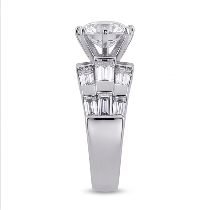 3 Carat Round and Baguettes Natural Earth Mined Diamond Anniversary Ring White Gold 14K