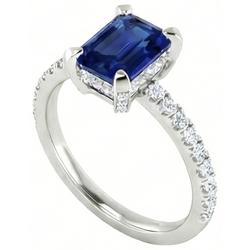 3 Carats Emerald And Round Ceylon Sapphire Natural Earth Mined Diamond Ring Prong Set