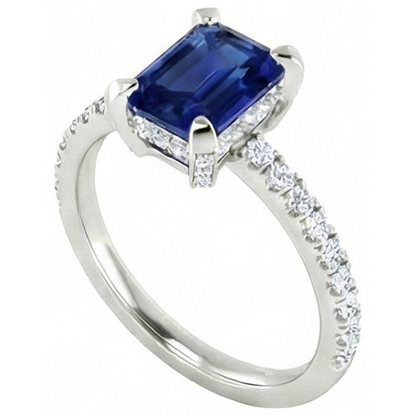3 Carats Emerald And Round Ceylon Sapphire Natural Earth Mined Diamond Ring Prong Set