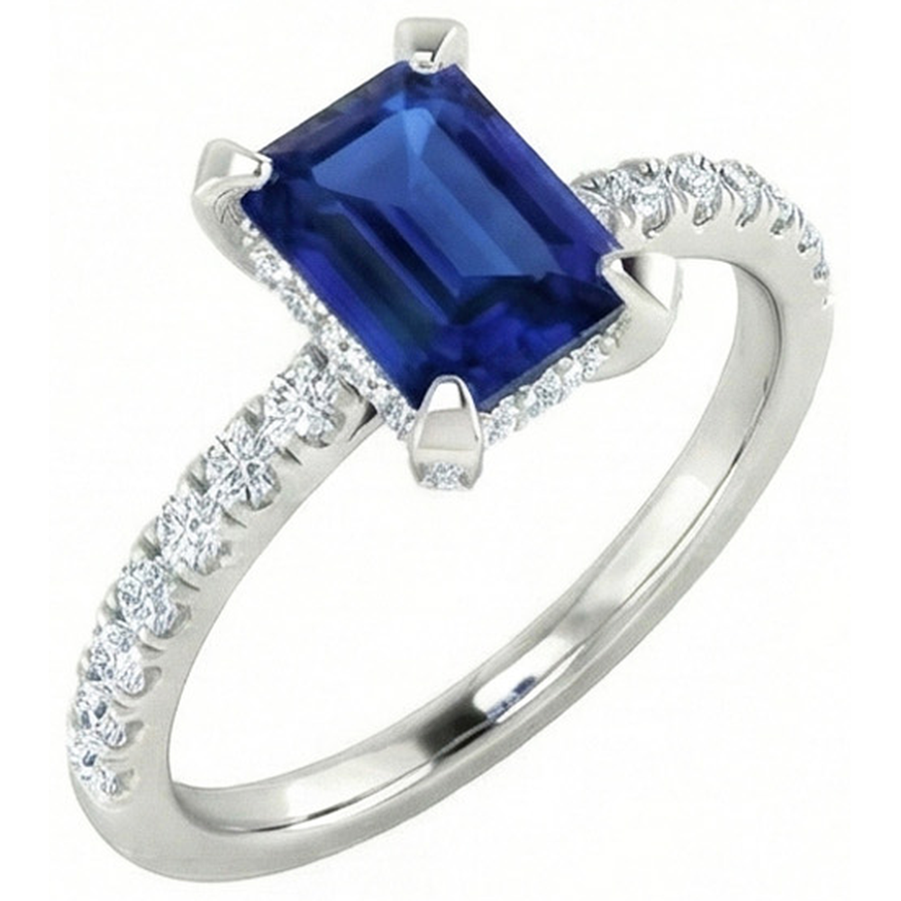 3 Carats Emerald And Round Ceylon Sapphire Natural Earth Mined Diamond Ring Prong Set