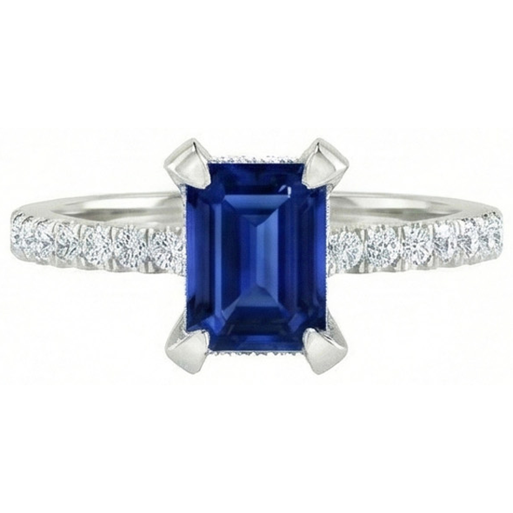 3 Carats Emerald And Round Ceylon Sapphire Natural Earth Mined Diamond Ring Prong Set