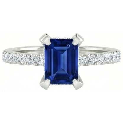 3 Carats Emerald And Round Ceylon Sapphire Natural Earth Mined Diamond Ring Prong Set