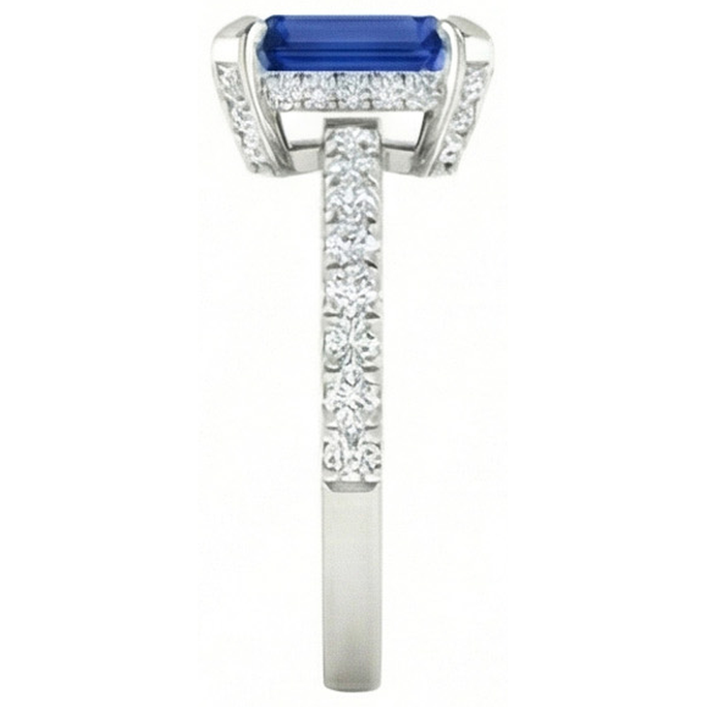 3 Carats Emerald And Round Ceylon Sapphire Natural Earth Mined Diamond Ring Prong Set