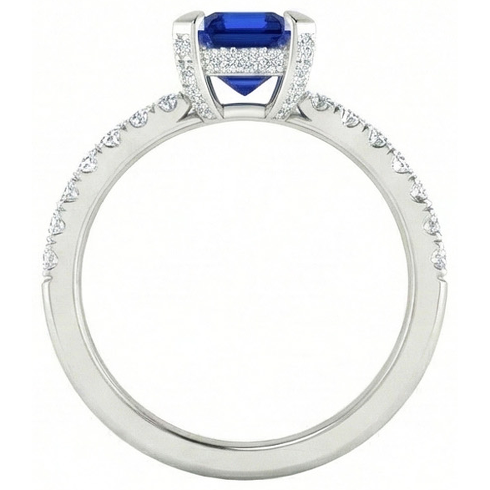 3 Carats Emerald And Round Ceylon Sapphire Natural Earth Mined Diamond Ring Prong Set