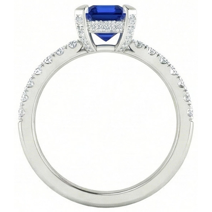 3 Carats Emerald And Round Ceylon Sapphire Natural Earth Mined Diamond Ring Prong Set