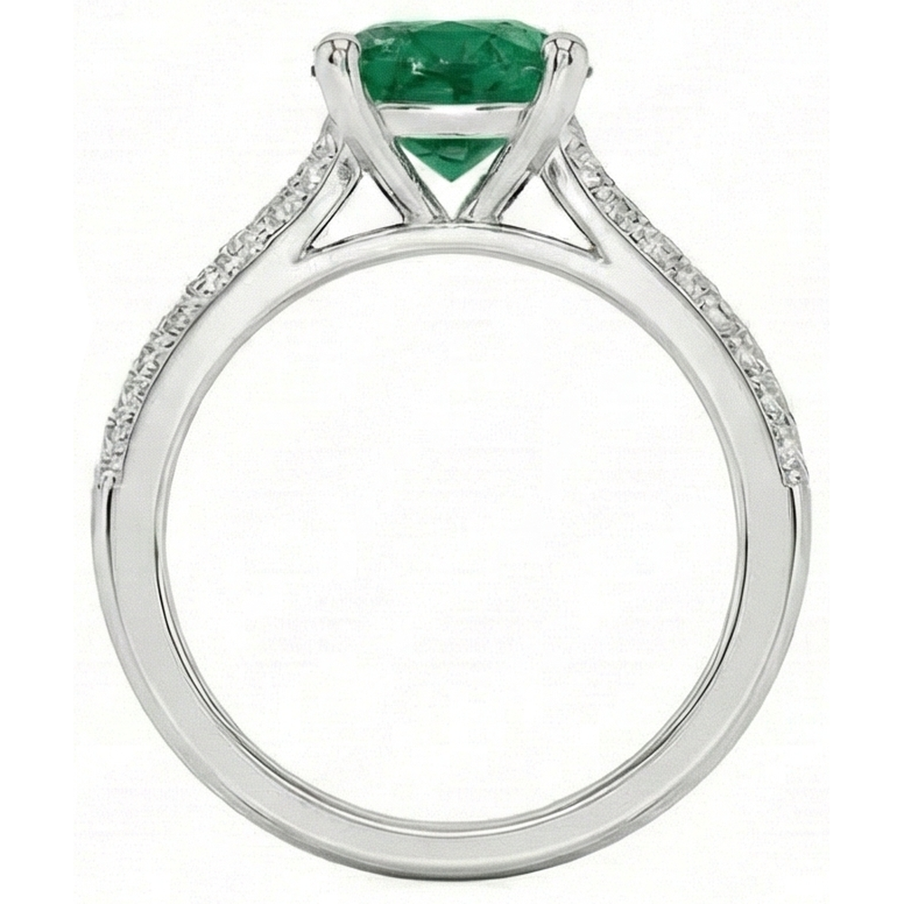 3 Carats Gemstone Round Green Emerald GIA & Natural Earth Mined Diamonds Ring White Gold