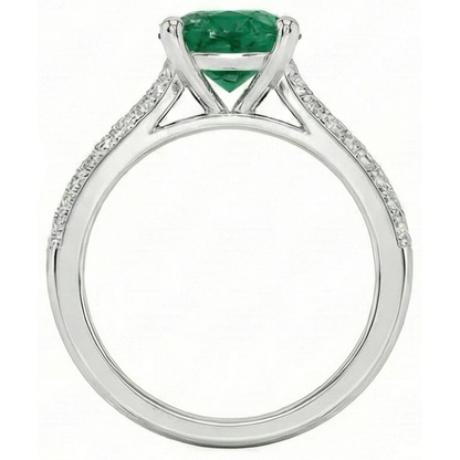 3 Carats Gemstone Round Green Emerald GIA & Natural Earth Mined Diamonds Ring White Gold