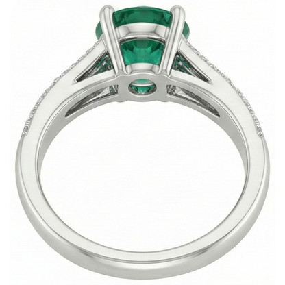 3 Carats Gemstone Round Green Emerald GIA & Natural Earth Mined Diamonds Ring White Gold