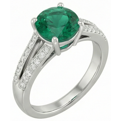3 Carats Gemstone Round Green Emerald GIA & Natural Earth Mined Diamonds Ring White Gold