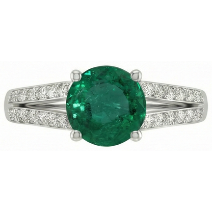 3 Carats Gemstone Round Green Emerald GIA & Natural Earth Mined Diamonds Ring White Gold